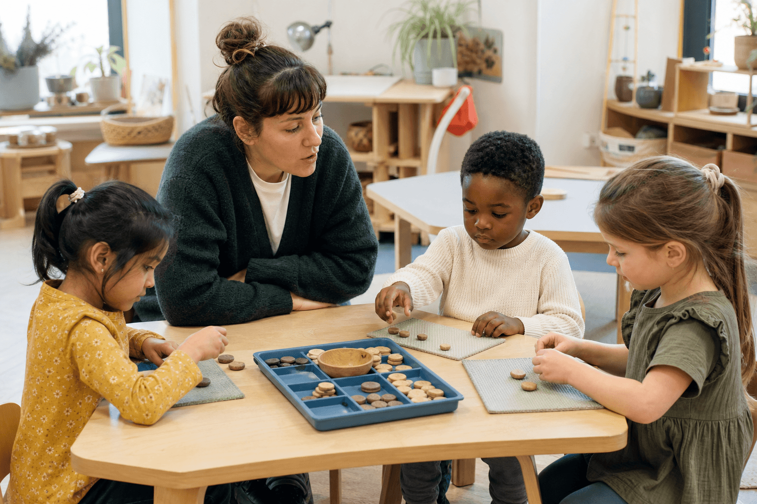 An early-years educator helps three children sort and compare small quantities.
