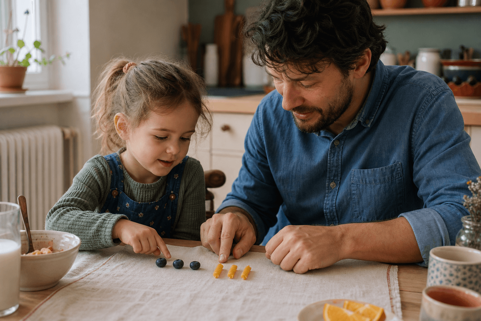 A father and preschool child compare three blueberries with three pieces of pasta at the kitchen table.